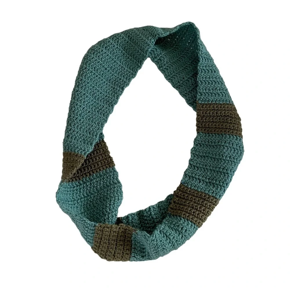 Handmade Crochet Infinity Teal and Olive Green Stripe Scarf